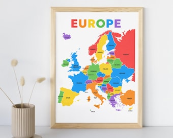 Afdrukbare kaart van Europa, kinderposter geografie (pdf direct downloaden)