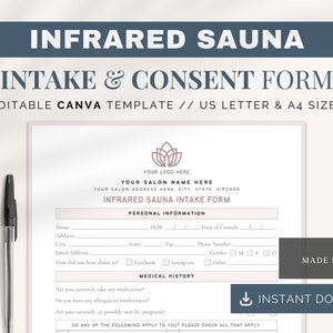 Infrared Sauna Intake | Canva Templates | Infrared Sauna Consent Form | Infrared Sauna Consultation Forms | Infrared Sauna Editable Forms