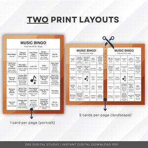 Puede incluir: Se muestran dos dise&ntilde;os de juego de Music Bingo, uno con un dise&ntilde;o vertical y otro con un dise&ntilde;o horizontal. El juego incluye t&iacute;tulos de canciones de la d&eacute;cada de 2010. El texto "TWO PRINT LAYOUTS" est&aacute; en la parte superior. La parte inferior tiene el texto "DEE DIGITAL STUDIO | INSTANT DIGITAL DOWNLOAD PDF".