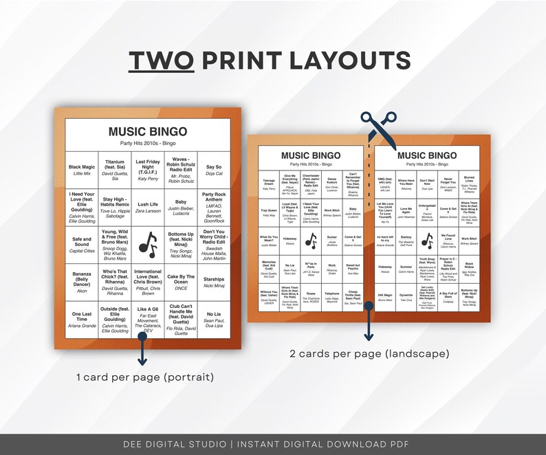 Puede incluir: Se muestran dos dise&ntilde;os de juego de Music Bingo, uno con un dise&ntilde;o vertical y otro con un dise&ntilde;o horizontal. El juego incluye t&iacute;tulos de canciones de la d&eacute;cada de 2010. El texto "TWO PRINT LAYOUTS" est&aacute; en la parte superior. La parte inferior tiene el texto "DEE DIGITAL STUDIO | INSTANT DIGITAL DOWNLOAD PDF".
