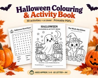 Libro para colorear y de actividades de Halloween para niños, 30 actividades + portada, PDF imprimible, tamaño carta y A4.