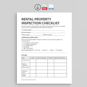 May include: A white rental property inspection checklist with the title "RENTAL PROPERTY INSPECTION CHECKLIST" in bold black text. The form includes sections for property address, tenant name, move-in and move-out dates, and condition codes.