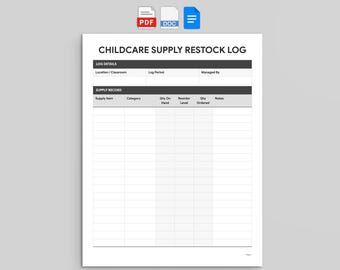 Childcare Supply Restock Log | Daycare Inventory Tracker | PDF, Word, and Google Docs