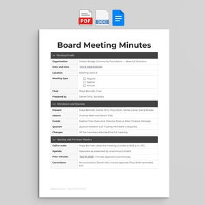 May include: A white document titled Board Meeting Minutes for the Harbor Bridge Community Foundation. The form includes sections for Meeting Details, Attendance and Quorum, and Opening and Previous Minutes with text fields and checkboxes.