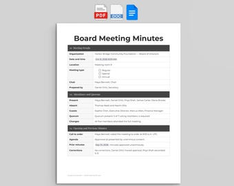 Plantilla para actas de reuniones de la junta directiva, agenda editable y registro de acciones (Google Docs, Word, PDF)