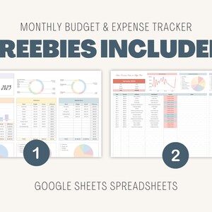May include: Two Google Sheets spreadsheets for budgeting and expense tracking. The first spreadsheet is for November 2023 and includes charts and graphs. The second spreadsheet is for January 2023 and includes a line graph and charts.