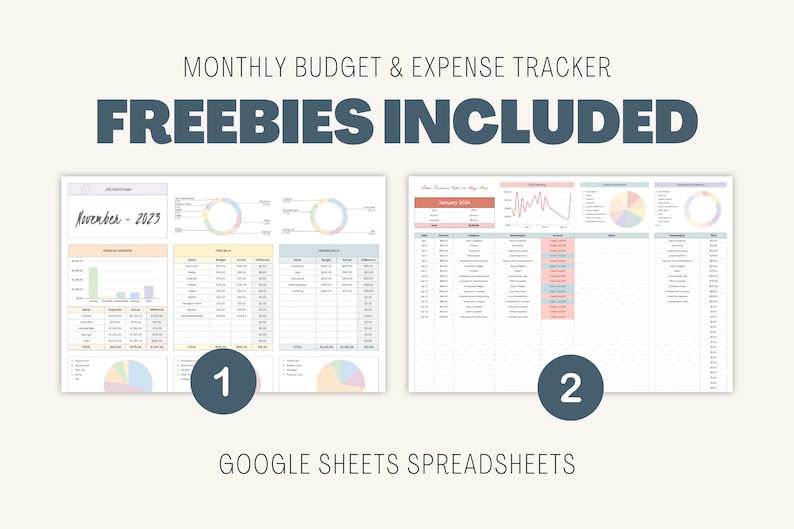 May include: Two Google Sheets spreadsheets for budgeting and expense tracking. The first spreadsheet is for November 2023 and includes charts and graphs. The second spreadsheet is for January 2023 and includes a line graph and charts.