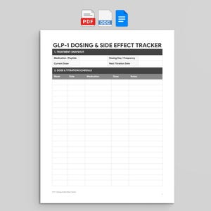 Op de afbeelding: Een wit printbaar GLP-1 Dosing & Side Effect Tracker document met een Treatment Snapshot sectie en een Dose & Titration Schedule tabel met kolommen voor Week, Date, Medication, Dose en Notes, weergegeven met PDF, DOC en bestandsiconen.
