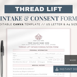 Thread Lift Intake Form: Client Consultation, Editable Canva Template (US & A4)