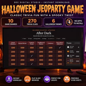 Könnte beinhalten: Ein digitales Halloween Jeoparty-Spiel auf einem Fernsehbildschirm mit 10 Spielbrettern, 270 Wissensfragen und 6 Themen. Die Benutzeroberfläche zeigt Kategorien wie Classic Monsters und Horror Movies mit Punktwerten und Team-Ergebnissen.