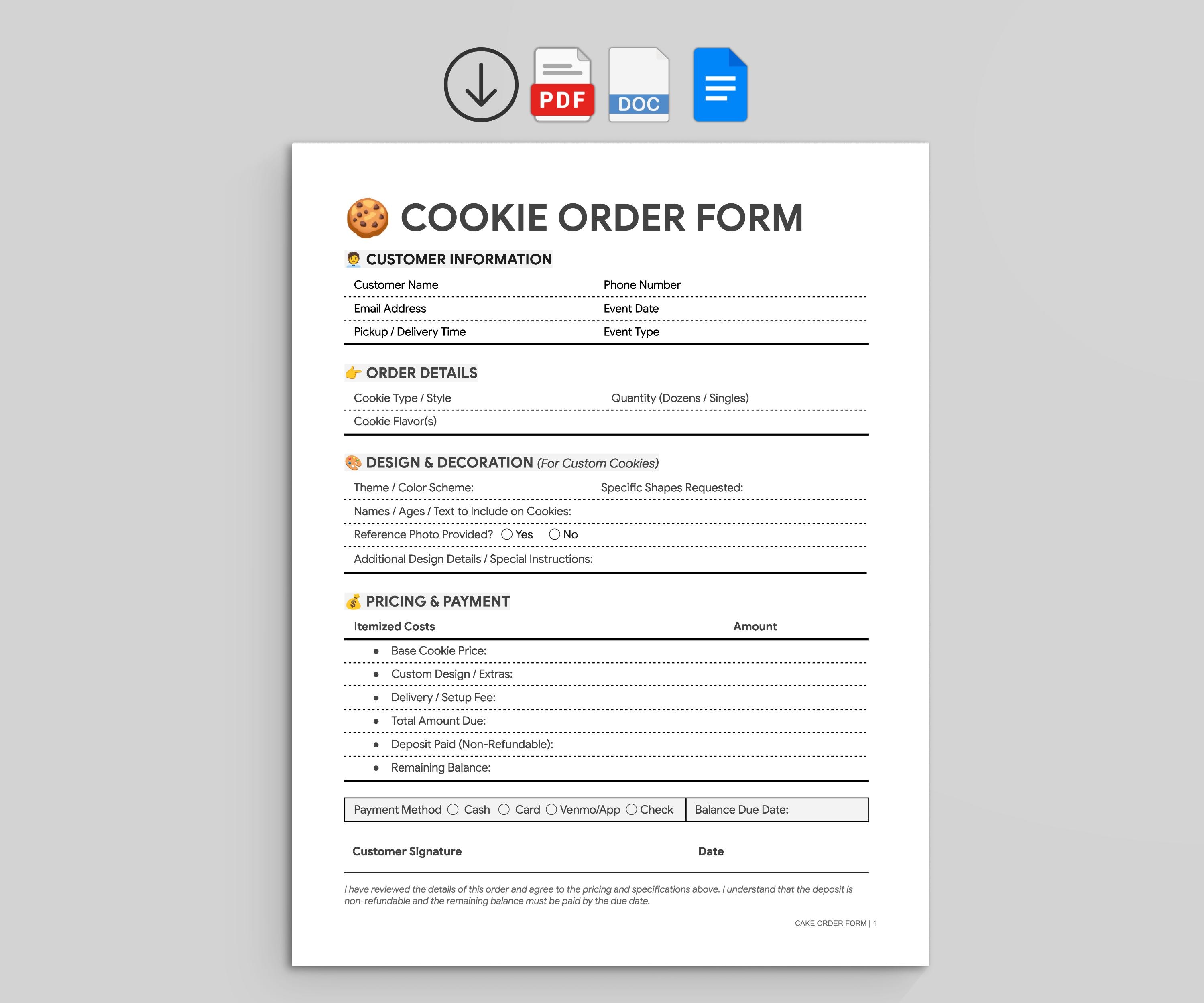 Custom Cookie Order Form Template | Bakery Business Tracker (PDF, Word ...