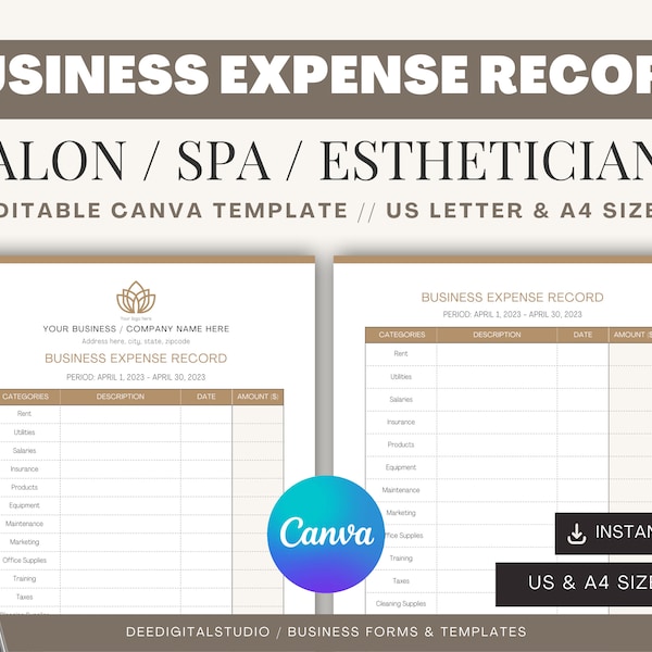 Business Expense Record | Salon and Spa Forms | Canva Template | Editable Business Forms | Esthetician Business Forms | Salon Expenses