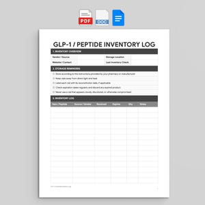 May include: A white document titled GLP-1 / PEPTIDE INVENTORY LOG featuring three sections: Inventory Overview, Storage Reminders, and an Inventory Log table with columns for Item/Peptide, Source/Vendor, Received, Expires, Qty, and Notes.