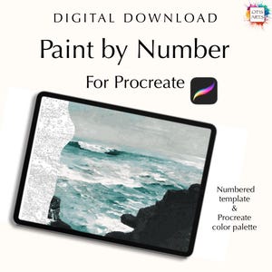 May include: Digital download for Procreate app, featuring a paint by number template of a seascape with crashing waves and rocky cliffs. The template includes a numbered image and a color palette.