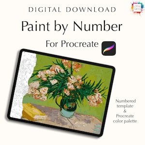 May include: Digital download for Procreate app. Paint by number image of a vase of white flowers with green leaves on a table. The image is on a tablet screen. The text "Paint by Number" and "For Procreate" is on the screen. The text "Numbered template & Procreate color palette" is on the right side of the image.