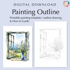 春の窓のアウトライン描画、着色またはペイント用の PDF デジタルダウンロード