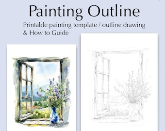 Dibujo de contorno de ventana de primavera, descarga digital en formato PDF para colorear o pintar
