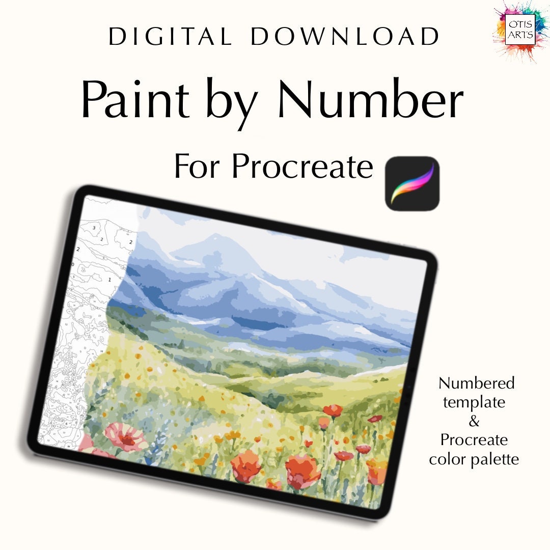 Procreate用ぬり絵キット – 花畑の風景とカラーパレット|インスタントデジタルダウンロード
