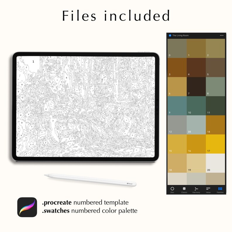 May include: A digital illustration of a numbered paint-by-number template on a tablet screen. The template is a black and white image of a landscape. A color palette with 20 numbered swatches is shown on a separate screen. The text "Files included" is at the top of the image. The text ".procreate numbered template" and ".swatches numbered color palette" are at the bottom of the image.