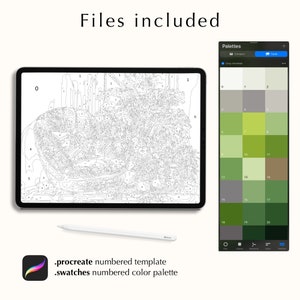 May include: A digital paint-by-numbers template on a tablet, with a color palette and a stylus. The image includes the text "Files included" and the file types: ".procreate numbered template" and ".swatches numbered color palette". The color palette has 21 shades of green.