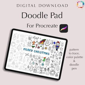 May include: A digital download for Procreate featuring a doodle pad with a variety of Christmas-themed illustrations. The doodle pad includes a pattern to trace, a color palette, and a doodle pen.