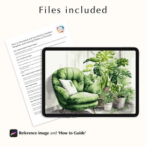May include: A digital art print on a tablet featuring a green armchair and potted plants. The image is accompanied by a 'How to Guide' and a reference image. The text 'Files included' is at the top.