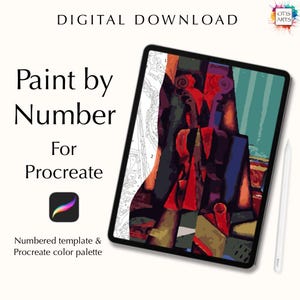 May include: Digital download of a paint by number template for Procreate, featuring an abstract painting of a violin in shades of red, blue, and yellow. The template includes a numbered image and a Procreate color palette.