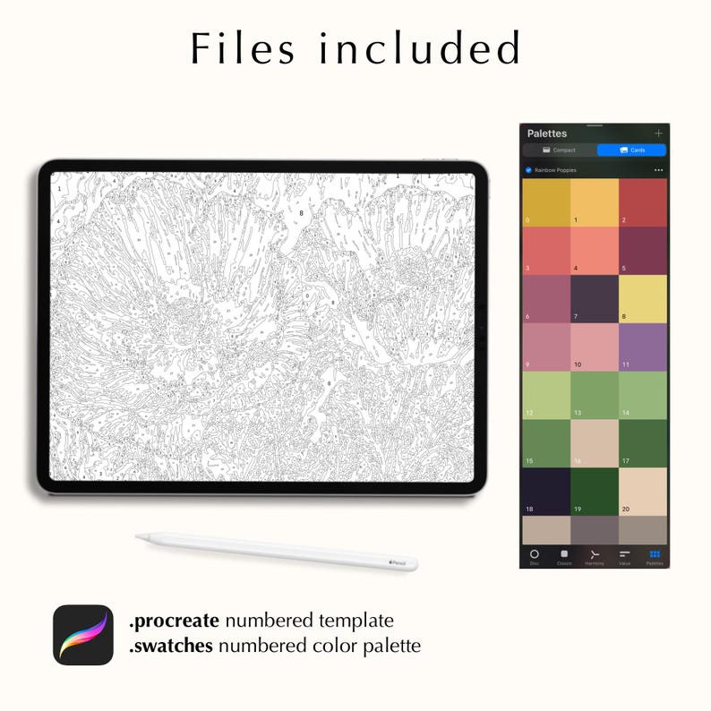 May include: Digital art supplies include a black tablet displaying a numbered template, a color palette, and a white stylus. The text "Files included" is at the top, and the Procreate logo is at the bottom.