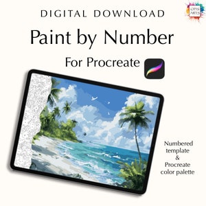 Puede incluir: Descarga digital de una imagen de pintura por números para Procreate. La imagen muestra una escena de playa tropical con palmeras, agua azul y arena blanca. La imagen está numerada para facilitar la coloración.