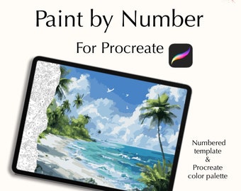 Kit de pintura por números para Procreate que incluye paletas de colores, descarga digital y escena de playa.