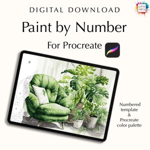 May include: Digital download paint-by-number template for Procreate. The image shows a green armchair with a white pillow, surrounded by potted plants. The text includes "Paint by Number" and "For Procreate."