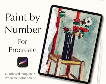 May include: Digital download of a paint by number image for Procreate. The image shows a vase of red flowers on a wooden stool. The image is numbered for easy coloring.
