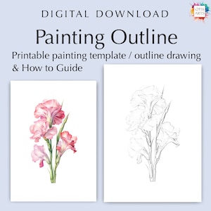ピンクのグラジオラスの花の輪郭線画、塗り絵や絵画用の PDF デジタルダウンロード