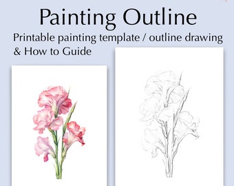May include: Printable painting template featuring a pink flower with an outline drawing of the same flower. The template includes a "How to Guide" for painting.