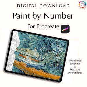 Puede incluir: Descarga digital de una imagen de pintura por números para Procreate. La imagen muestra una escena de paisaje con un río, árboles y personas en botes. La imagen está en color y tiene una plantilla numerada y una paleta de colores Procreate.
