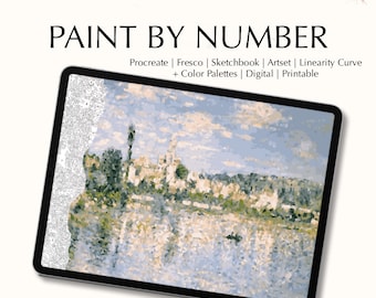 May include: A digital download image of a paint-by-number landscape displayed on a tablet. The image features a scenic view with a river and buildings. The text "DIGITAL DOWNLOAD" and "PAINT BY NUMBER" are at the top. The image also includes the text "Procreate | Fresco | Sketchbook | Artset | Linearity Curve + Color Palettes | Digital | Printable."