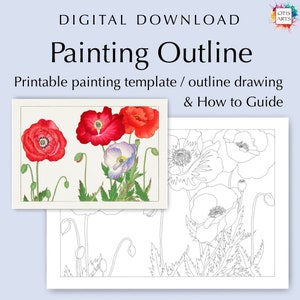 Vintage poppies outline drawing, PDF Digital Download for Coloring or Painting