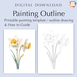 水仙の花の輪郭線画、塗り絵や絵画用の PDF デジタルダウンロード