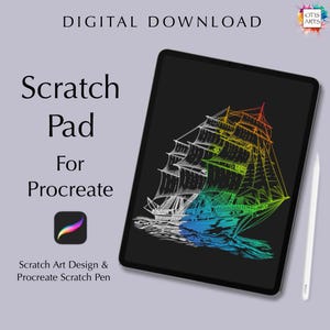 Puede incluir: Descarga digital de una almohadilla para rascar para Procreate. La imagen muestra una tableta con un fondo negro y un diseño de arte de rascar colorido de un barco. El texto "Scratch Pad for Procreate" es visible en el lado izquierdo de la imagen.