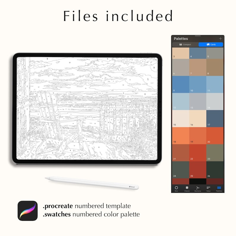 Puede incluir: Una ilustraci&oacute;n digital de una escena de playa con una silla, una paleta de colores numerada y el texto "Archivos incluidos" en la parte superior de la imagen. La imagen se muestra en la pantalla de una tableta.