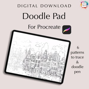 May include: A digital download for Procreate featuring a black and white doodle pad with 6 patterns to trace and a doodle pen. The doodle pad shows a cityscape with buildings and trees.