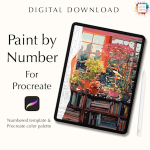 May include: A digital download for Procreate featuring a "Paint by Number" template. The image on the tablet displays a colorful illustration of a window scene with plants and books. The text includes "Digital Download," "Paint by Number," and "For Procreate."