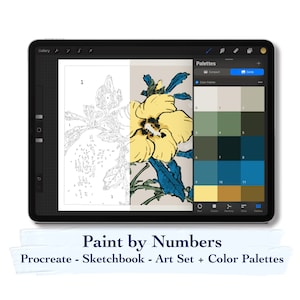 Paint by number kit digital, Procreate, Sketchbook and Art Set templates + color palette, Hibiscus by Kōno Bairei