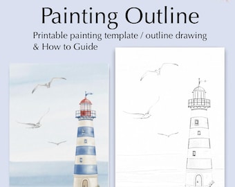 May include: A printable painting template featuring a lighthouse with a red roof and blue and white stripes, surrounded by seagulls, on a rocky shore. The template is accompanied by a black and white outline drawing of the same scene.