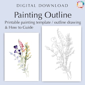 Overzichtstekening wilde bloem, digitale pdf-download om in te kleuren of te schilderen