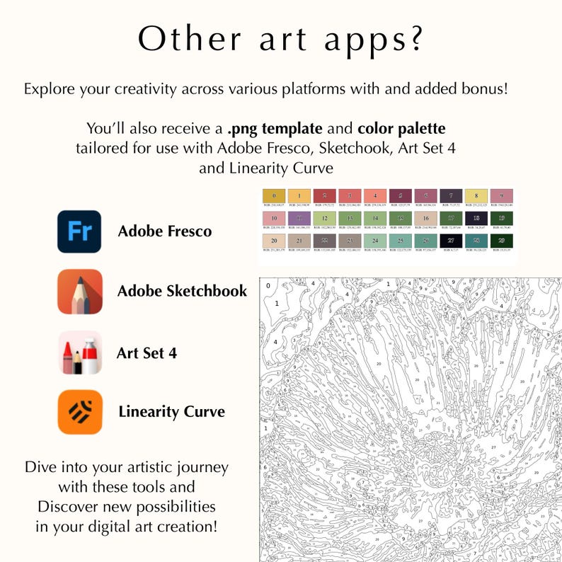May include: Image promoting digital art creation with the text "Other art apps?" and the logos for Adobe Fresco, Adobe Sketchbook, Art Set 4, and Linearity Curve. Includes a color palette and a .png template for use with the apps. The image also features a paint-by-numbers style illustration.