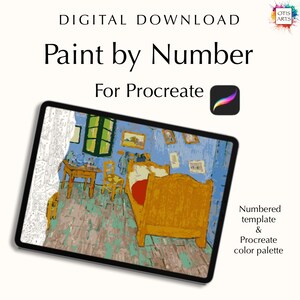 May include: Digital download of a paint by number template for Procreate featuring a painting of a bedroom with a bed, a chair, and a window. The template includes a numbered template and a Procreate color palette.