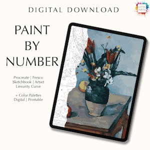 Paint by number kit digital, Procreate, Fresco, Sketchbook, Art Set, templates + color palettes, color by numbers, Cezanne Vase of Tulips