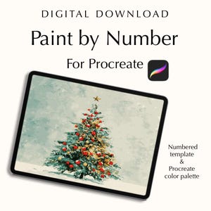 May include: Digital download of a "Paint by Number" template for Procreate. The image on the tablet shows a Christmas tree decorated with red ornaments and a gold star. Includes a numbered template and Procreate color palette.