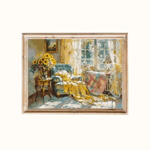 May include: A painting of a living room with a blue armchair, a yellow blanket, and a bouquet of sunflowers in a vase on a side table. The room has a window with white curtains and a view of a garden.